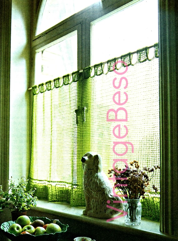 Curtains 1970s Cafe Curtain Vintage Crochet PATTERN Privacy Curtain Boho Home Decor Cottage Chic + FREE PAttERN Bird • Watermarked PDF Only