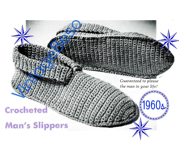 Slippers Crochet Pattern • Man's Slippers • Men's Slippers • 1960s Vintage Father's Day • Small Medium Large • Retro • Watermarked PDF Only