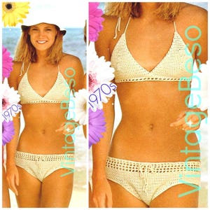 May include: A white crocheted bikini top and bottom. The bikini top has a triangle shape and the bottom has a high-waisted style. The bikini is shown on a model against a beach background.