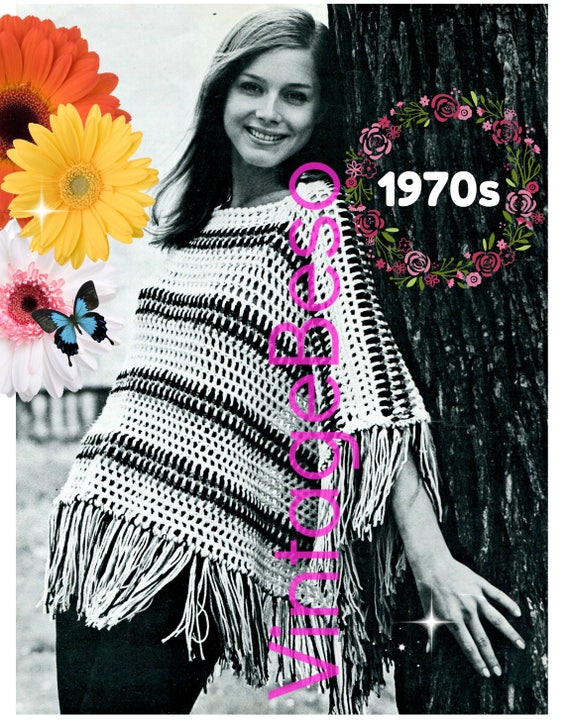 Poncho Crochet Pattern • Boho Poncho with Fringe • 1970s Vintage Poncho • Easy • Striped • Fun • Fast • Watermarked PDF Only