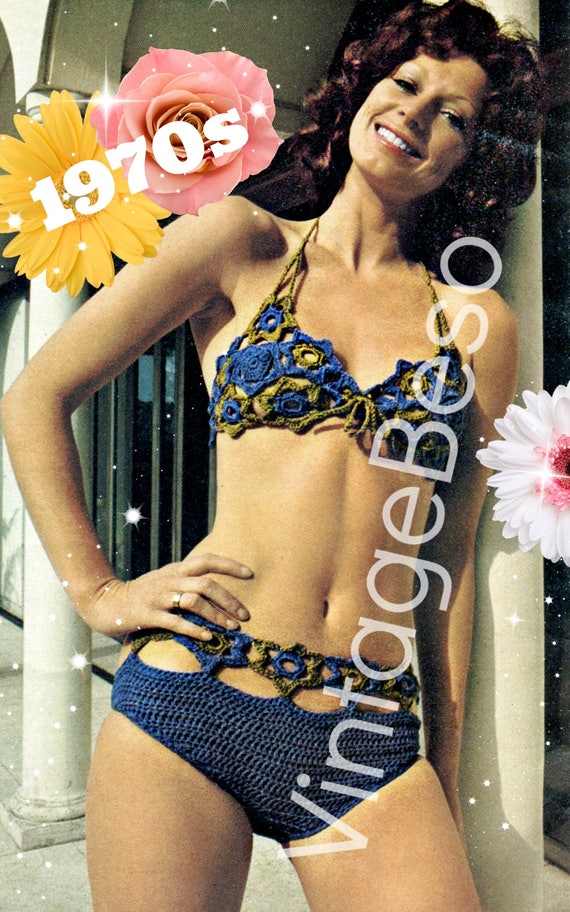 Sexy Flower Swimsuit 1970s Vintage CROCHET Pattern • Summer Necessity VintageBeso Ladies Peekaboo Bikini Swimwear • Watermarked PDF Only