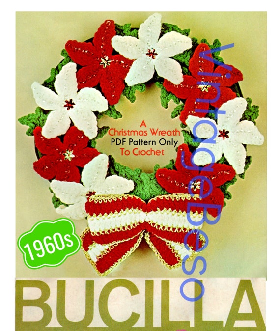 Christmas Wreath Crochet Pattern • PDF Pattern Only • 1960s Bucilla Vintage Pattern • Retro Christmas Pattern • Watermarked PDF Only