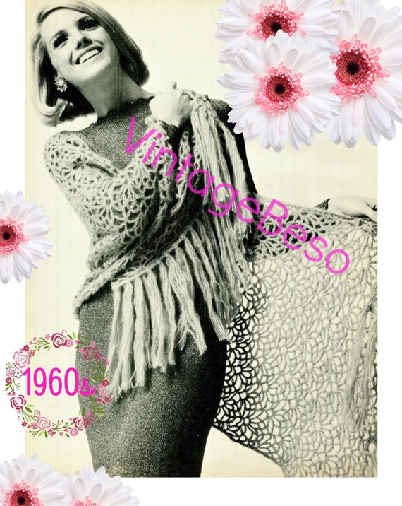 SHAWL Crochet Pattern • Easy to Crochet • Shawl In Bloom • Ladies 1970s Vintage Flower Wrap • Watermarked PDF Only