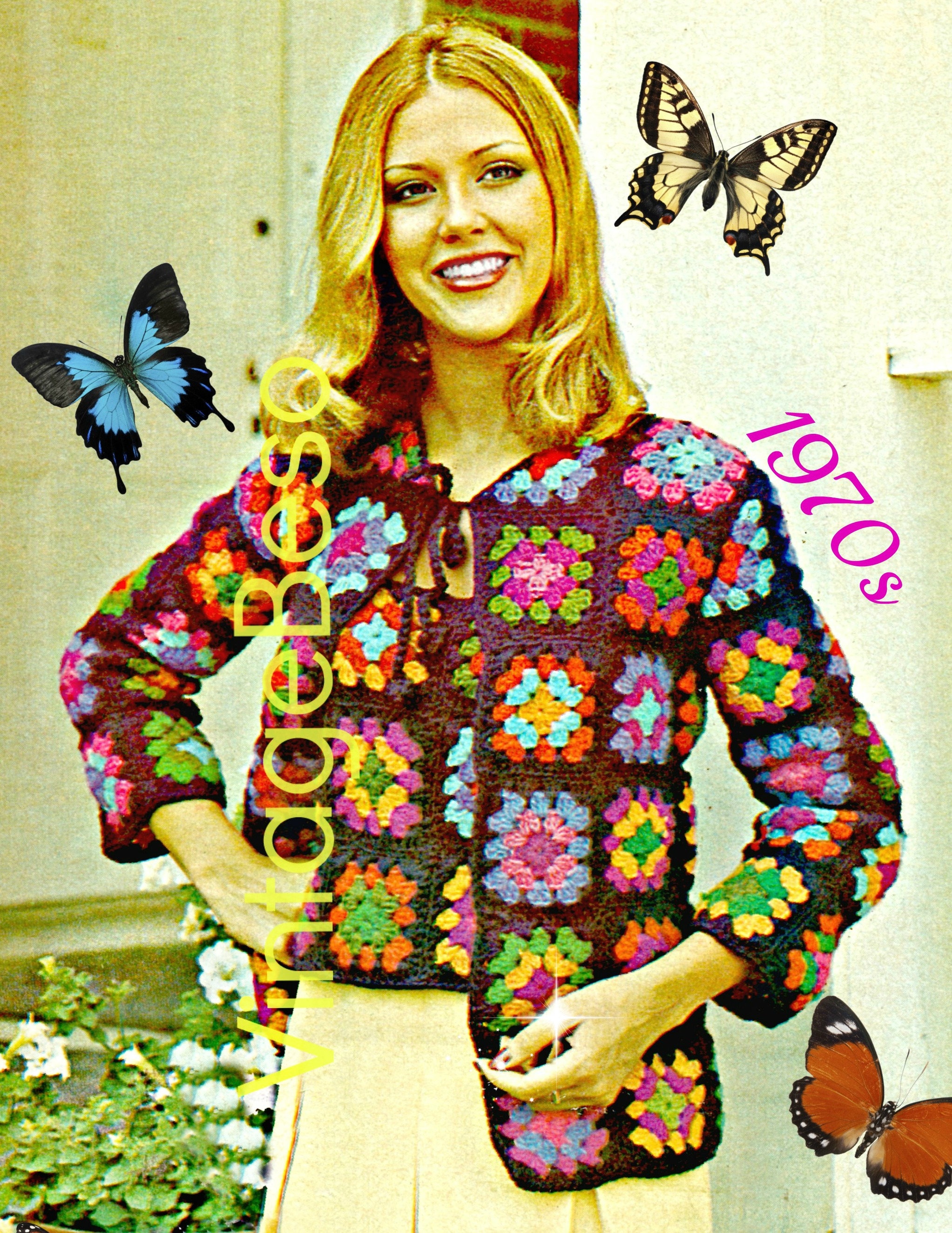 2 Patterns 1970s Granny Square Ladies Tank Top Sweater Cardigan Vintage Crochet Pattern Retro Motif Style Watermarked PDF Only