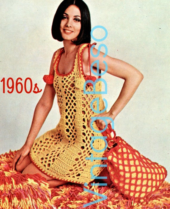 Dress + Tote Bag Crochet Pattern • Vintage 1970s Beach Dress • Ladies Sleeveless Mod Mesh One Size Summer Wear • Watermarked PDF Only