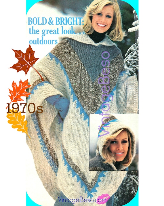 Vintage Hooded Poncho KNITTING Pattern 1970s Vintage Poncho Pattern Hooded Poncho with Indian Diamond Motif • Watermarked PDF Only