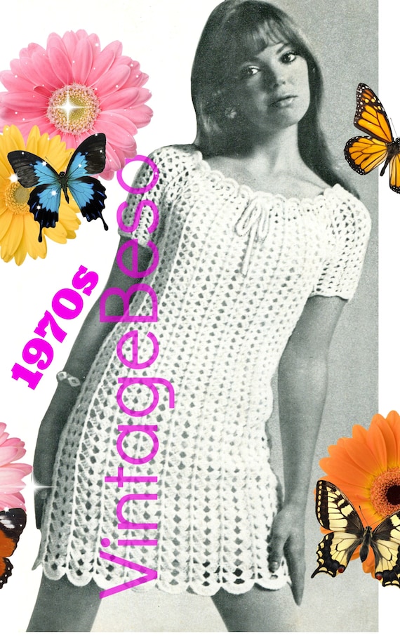 Dress Crochet Pattern • Watermarked PDF Only • Ladies Lightweight Drawstring Mini Dress Vintage 1970s • Sizes 6 8 10 12