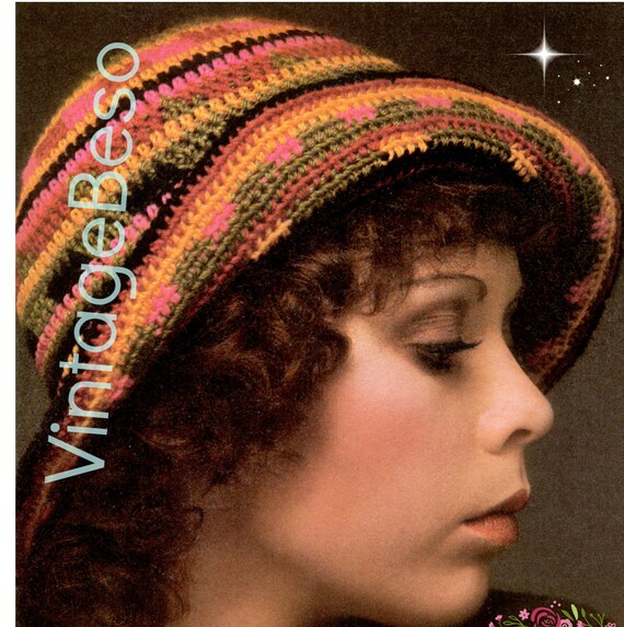 Hat Crochet Pattern Vintage 1970s Flapper Style 1920s Rainbow Cloche Roll Up Hat Folk Roaring Twenties Brim Hat • Watermarked PDF Only