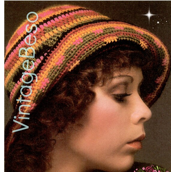 Hat Crochet Pattern Vintage 1970s Flapper Style 1920s Rainbow Cloche Roll Up Hat Folk Roaring Twenties Brim Hat • Watermarked PDF Only