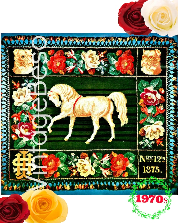 Victorian Afghan Crochet Pattern Gorgeous and Elegant • Afghan STITCH • Vintage 70s Horse Roses Flowers Dog Initials • Watermarked PDF Only