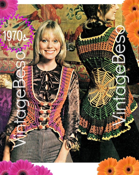 Sexy Boho Crochet Pattern • Vintage Spider Web Waistcoat • 1970s Festival Style Vest • Fits Bust 32 to 34 & 36 to 38 • Watermarked PDF Only