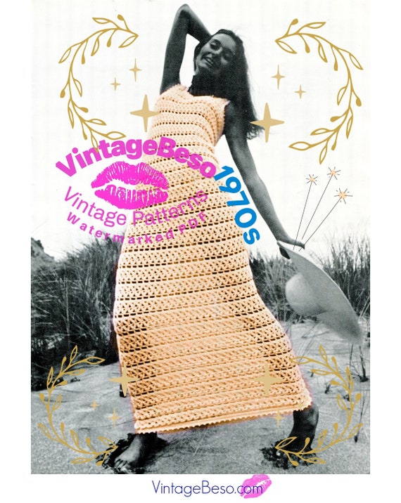 Maxi Dress Crochet Pattern • Vintage 1970s Patio Dress Crochet Pattern Summer Cover Up Beach Bridal Maxi Dress • Watermarked PDF Only