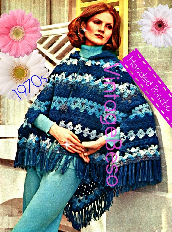 Easy Crochet • HOODED PONCHO CROCHET Pattern • Womens Luxurious 1970s Vintage Shawl Summer Wear • Watermarked PdF Pattern Only