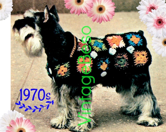 Dog Coat Crochet Pattern • Rolled Collar • Vintage 1970s Granny Square Jacket • Sweater Pattern • Puppy Coat • Watermarked PDF Only