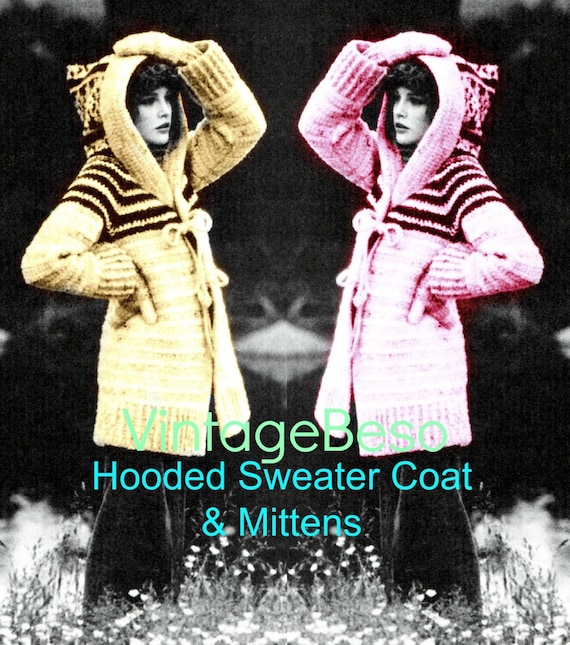 Hooded Coat Crochet Pattern • Vintage 1970s Jacket Crochet Pattern • Mittens Pattern • Sweater Coat • Vintage Beso • Watermarked PDF Only