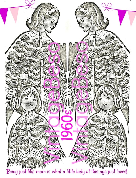 2 Cape Crochet Pattern • Vintage 1960s Cute Mail Order • Mother Daughter CROCHET CAPE • Mommy and Me Coat • Watermarked PDF Only