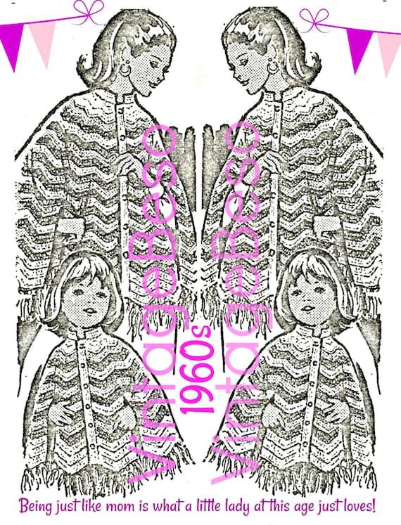 2 Cape Crochet Pattern • Vintage 1960s Cute Mail Order • Mother Daughter CROCHET CAPE • Mommy and Me Coat • Watermarked PDF Only