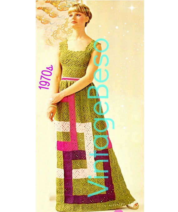 Dress Crochet Pattern 1970s Vintage • Ladies Halter + Skirt with Cube Accent • Sleeveless • Granny Square • USA Terms • Watermarked PDF Only