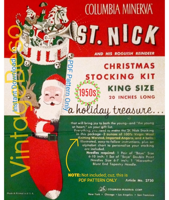 RARE Stocking Knitting Pattern Vintage 1950s "St Nick and his Roguish Reindeer" Columbia Minerva 2730 Watermarked PDF Only