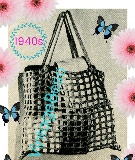 Market Bag CROCHET Pattern • Vintage 1940s • Rosie the Riveter crocheted • Eco Grocery Bag • Watermarked PDF Only
