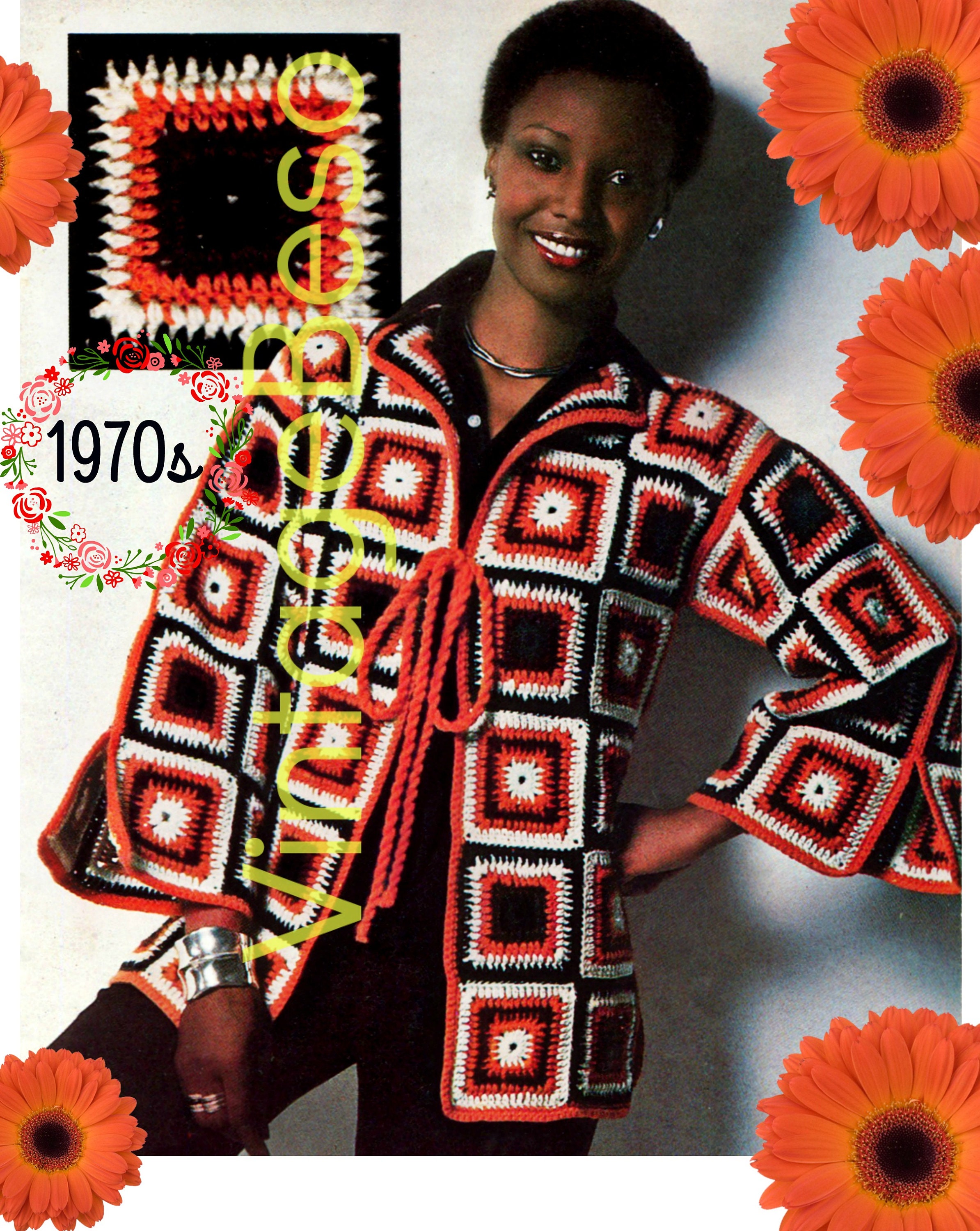 Jacket Crochet Pattern 1970s Boho Granny Square Jacket