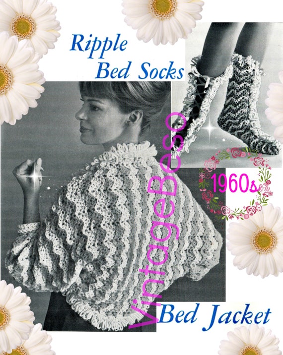 Bed Jacket Crochet Pattern + Bed Socks Crochet Pattern • Vintage 1960s • Matching Set • Slipper Booties • House • Watermarked PDF Only