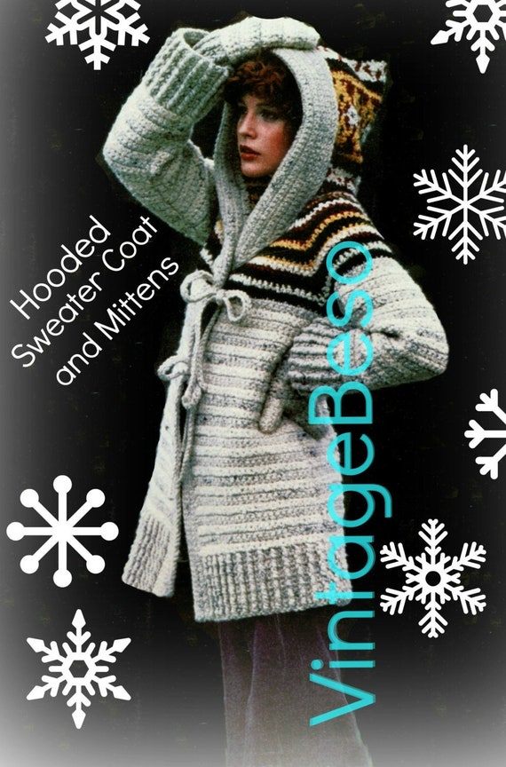 2 Patterns • Vintage Crochet Pattern • Hooded Coat Pattern plus Mittens Pattern • Sweater Coat + Mittens • Boho 1970s • Watermarked PDF Only