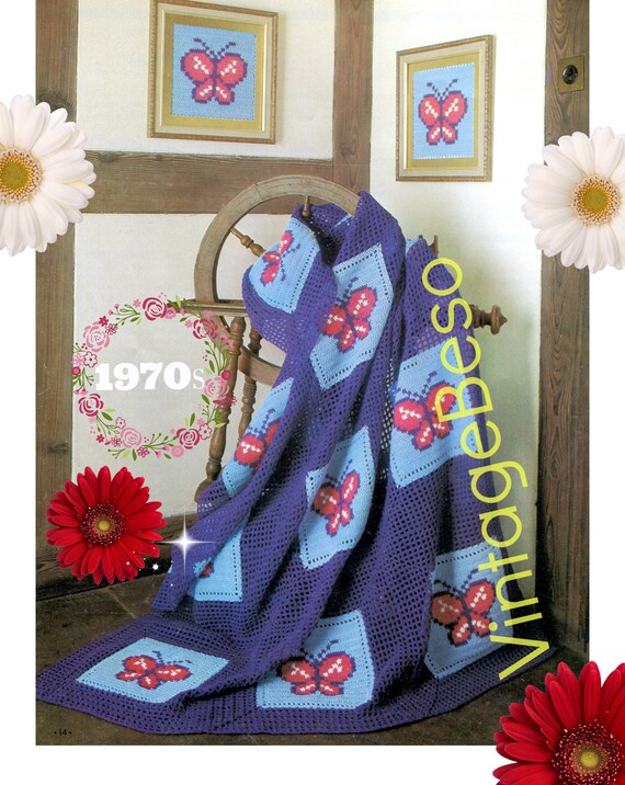 Butterfly Afghan Crochet PATTERN • intage Pattern • 1970s pattern to also create pictures • Butterfly Wall Picture • Watermarked PDF Only