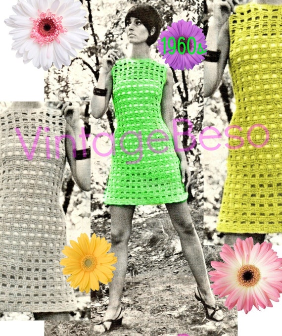 Dress Crochet Pattern 1960s Window Pane Charmer Sleeveless Dress - Vintage Party Summer Festival Resort • Watermarked PDF Only
