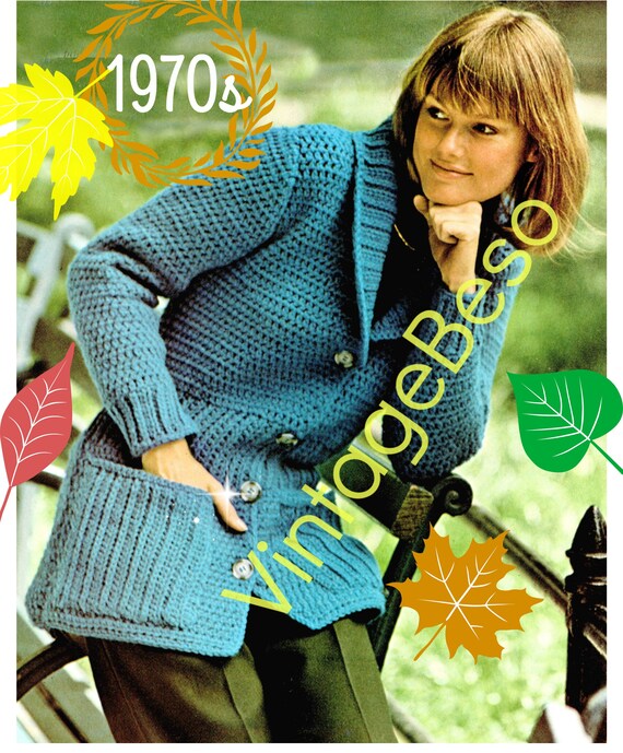 Jacket Crochet Pattern • PdF Pattern • Shawl Collared Jacket is done in Double Crochet • Vintage 1970s • Sweater • Watermarked PDF Only