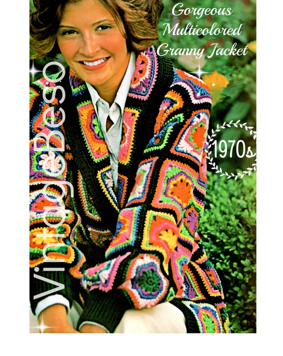 Granny Square Jacket Crochet Pattern • 1970s Super GS Flower Coat Chic Colorful Coat • Vintage Crochet Pattern • Watermarked PDF Only