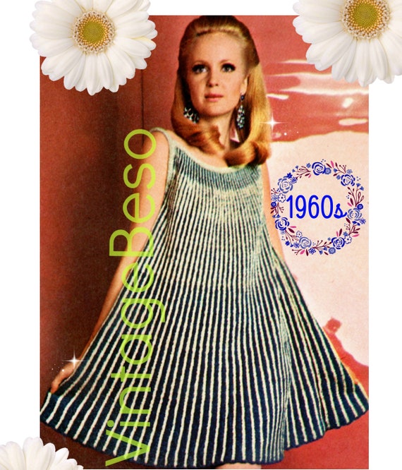 Dress KNITTING Pattern • Vertical Striped Trapeze Dress • Vintage 60s Twirl + Have Fun Sleeveless • Watermarked PDF Only