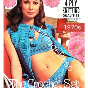 3 Crochet Patterns • Bikini Top Bottom Jacket Set • Diamond Beach • Vintage 1970s Cover Up Crochet Pattern • Watermarked PDF Only