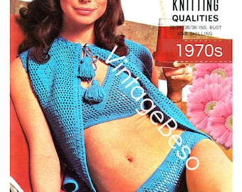 3 Crochet Patterns • Bikini Top Bottom Jacket Set • Diamond Beach • Vintage 1970s Cover Up Crochet Pattern • Watermarked PDF Only