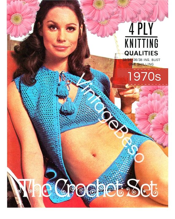 3 Crochet Patterns • Bikini Top Bottom Jacket Set • Diamond Beach • Vintage 1970s Cover Up Crochet Pattern • Watermarked PDF Only