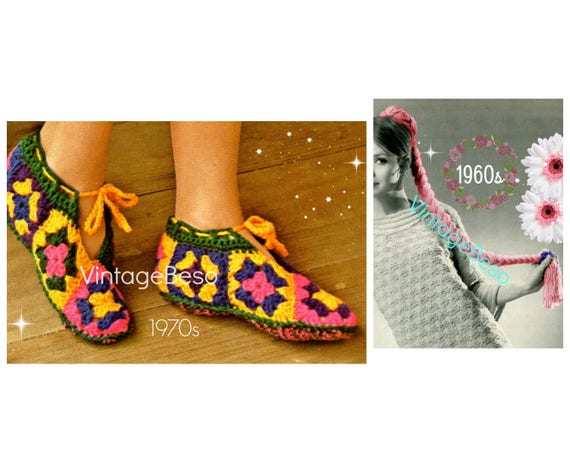 EASY Slippers Vintage Crochet PATTERN + Fun Hair Ponytail Braid • Vintage 1970s Granny Square Slippers • Watermarked PDF Only