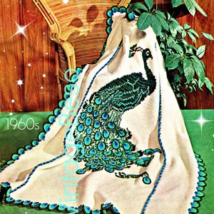 The PEACOCK Afghan Crochet Pattern 1960s Peacock Crochet Pattern Embroidery Pattern Afghan Stitch • Watermarked PDF Only