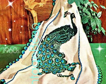 Mönster för virkad påfågel med afghanskt motiv från 1960-talet • Vintagebroderi (PDF-mönster)