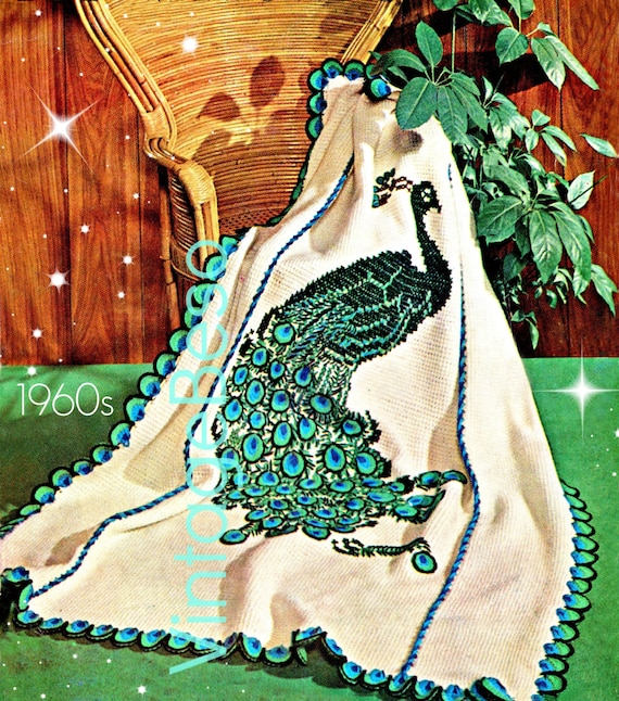 The PEACOCK Afghan Crochet Pattern 1960s Peacock Crochet Pattern Embroidery Pattern Afghan Stitch • Watermarked PDF Only