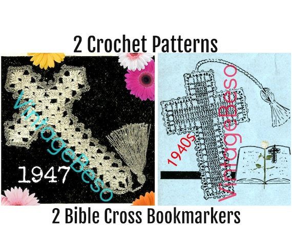 2 PATTERNs Crochet PATTERN Bible Bookmark Vintage Crucifix Jesus Book Mark Holiday Cross Bible • Watermarked PDF Only