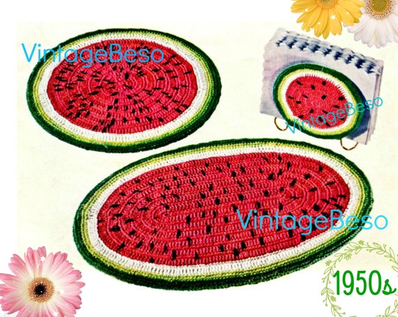 Place Mats Napkin Holder Vintage 1950s • Watermelon Set CROCHET Pattern • Hot Plate Kitchen Gift for New Home Apt • Watermarked PDF Only