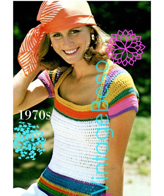 Vintage Hand Crochet Colorful Top 70s,Short Sleeves Handmade Summer Top