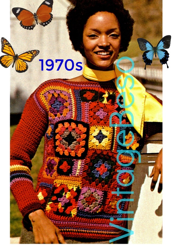 Patchwork Sweater Crochet Pattern • Retro 1970s • Top Crochet Pattern • Pullover • Granny Square • Hippie • Puzzle • Watermarked PDF Only
