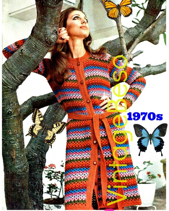 Long Cardigan CROCHET Pattern • Vintage 1970s Jacket • Coat • Retro • Long Sleeve Sweater • Boho • Hippie • Watermarked PDF Only