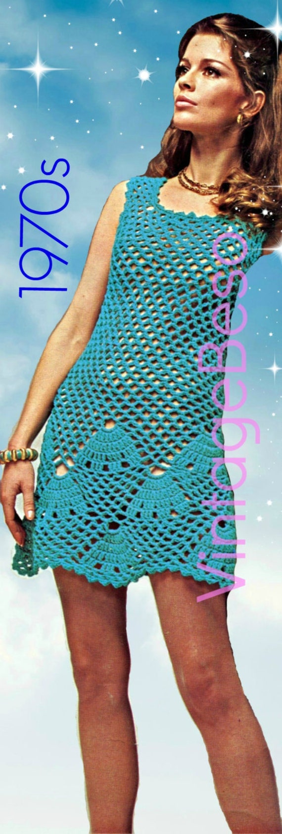 1970s Dress Vintage Crochet PATTERN • Watermarked PDF Only • Shell Summer Dress Seashell Coverup VintageBeso