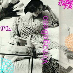 May include: A vintage-style image featuring a woman in a crocheted cardigan and pants, seated on a sofa. The image has a retro aesthetic, with the word "1970s" and "Vintage beso" in the image. A cup and saucer sit on a glass table.