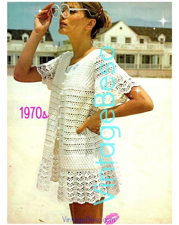 CoverUp Crochet PATTERN • Vintage 1970s Baby Doll Dress Lacy Beach Coat Party Club Festival Summer Holiday Jacket • Watermarked PDF Only