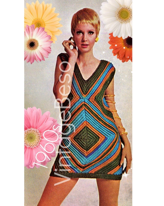 Bodycon Dress Crochet Pattern • Hello Sexy • 1960s MOD Dress • Illusion Lines Show Off Your Curves • Vintage Pattern • Watermarked PDF Only