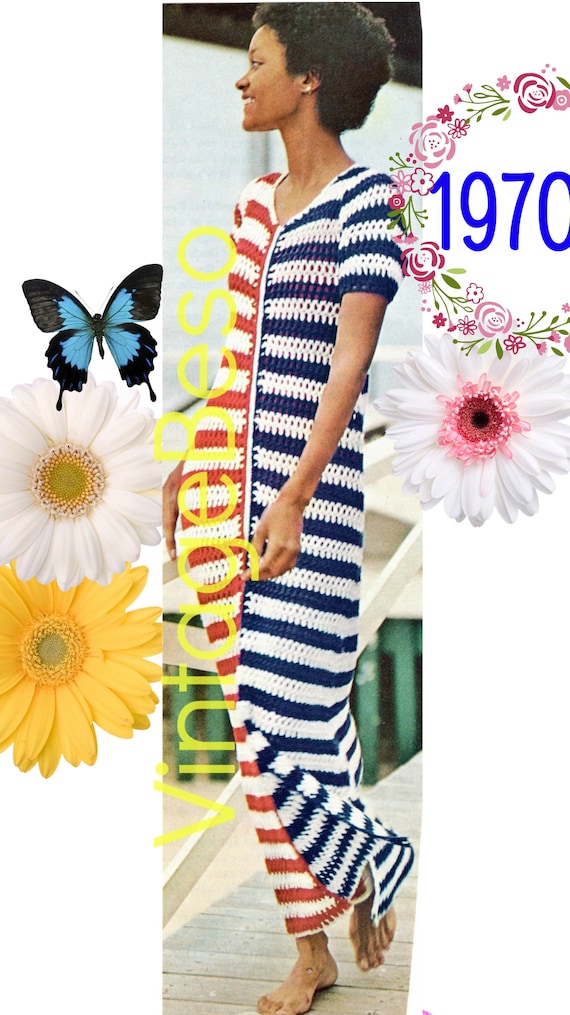 Patriotic Maxi Dress CROCHET Pattern • PdF Pattern • 1970s SIMPlE To MAKE • Vintage Ladies Striped CoverUp Dress • Watermarked PDF Only