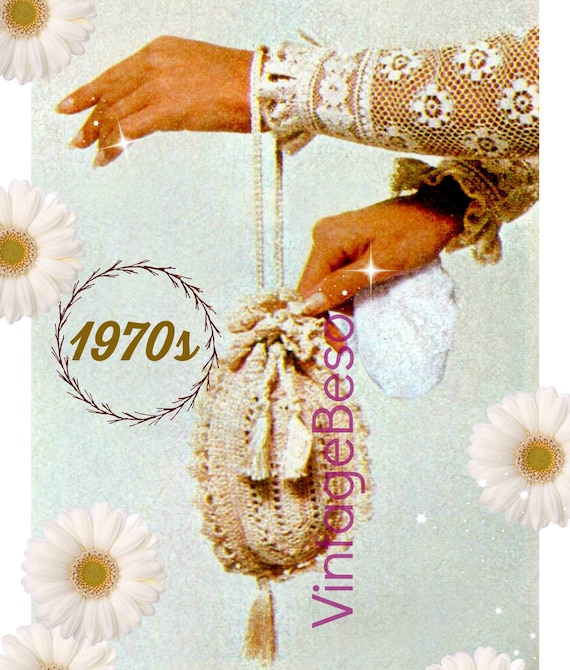Victorian Pouch Crochet Pattern • 1970s Vintage Bag • Classic Victorian Era Bag Pull Close Tassel • Retro Fun Tote • Watermarked PDF Only